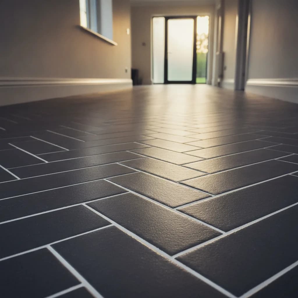 Banks and Co Ceramics tiling work in Sussex, herringbone floor and large format bathroom