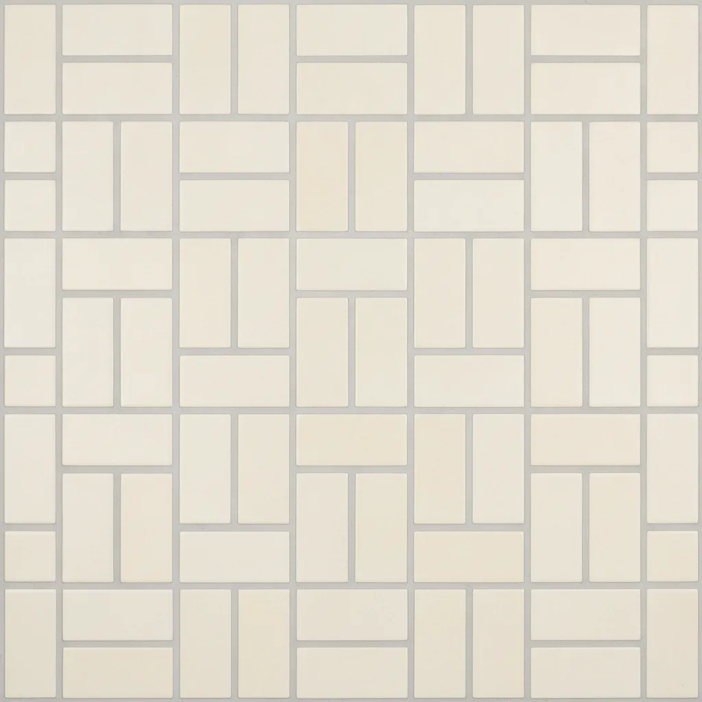 Cream and ivory basketweave ceramic tile pattern with light grey grout