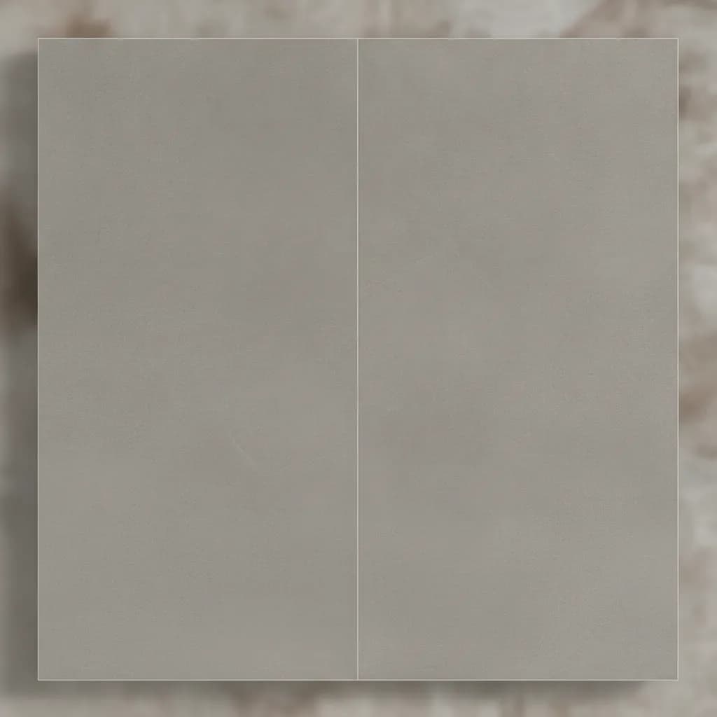 Large format grey porcelain floor tiles with hairline grout joint, minimal modern aesthetic