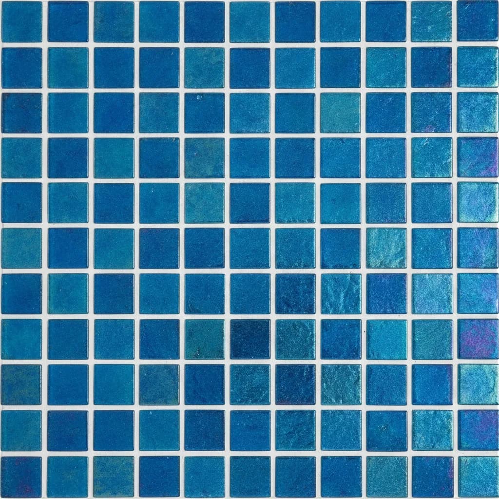 Iridescent teal glass mosaic tile grid, 25mm tesserae with white grouting