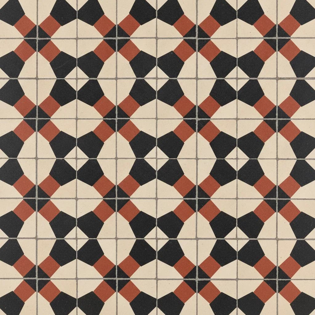 Classic Victorian encaustic floor tile pattern in black, white, red and grey