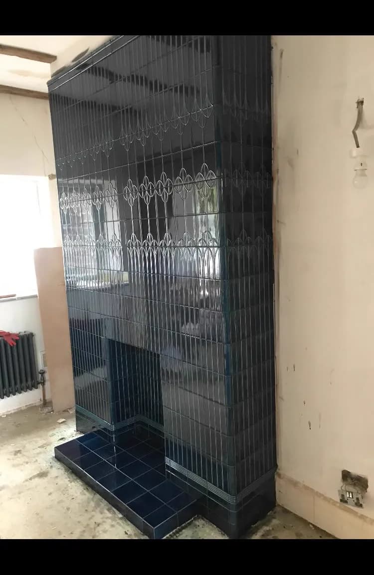 Dark navy Art Deco glazed ceramic tile fireplace surround, Banks and Co Ceramics Sussex installation
