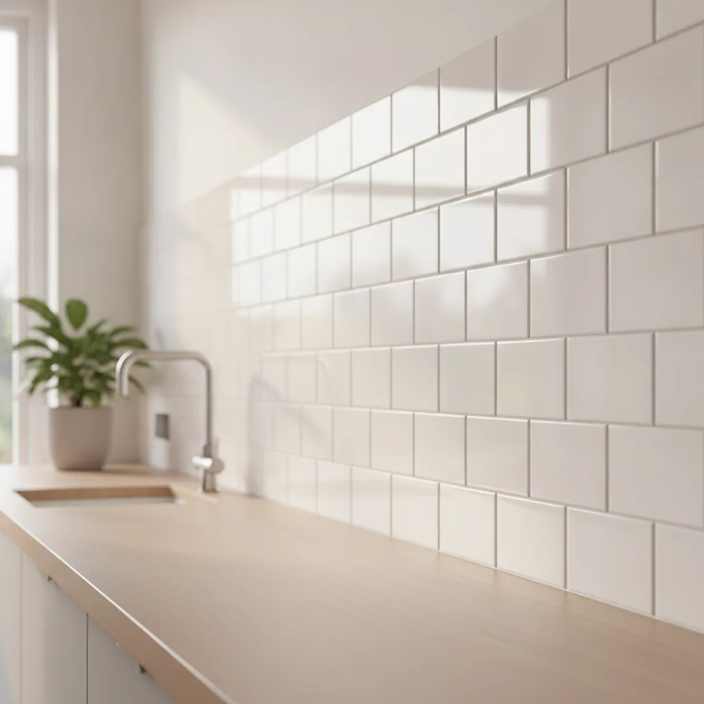 White metro tiles on a kitchen splashback with professional grouting, Banks and Co Ceramics installation