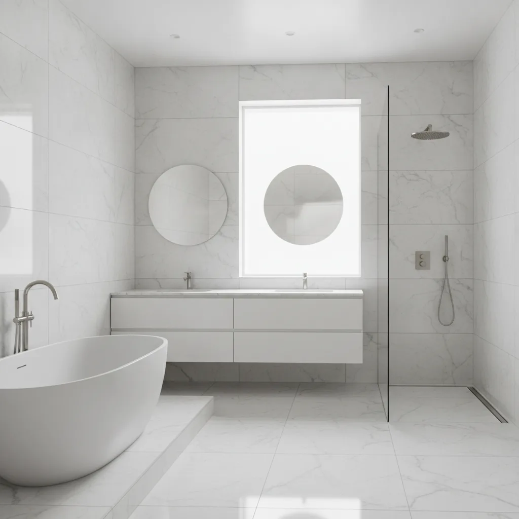 Luxury bathroom with large format marble-effect porcelain tiles by Banks and Co Ceramics, Sussex