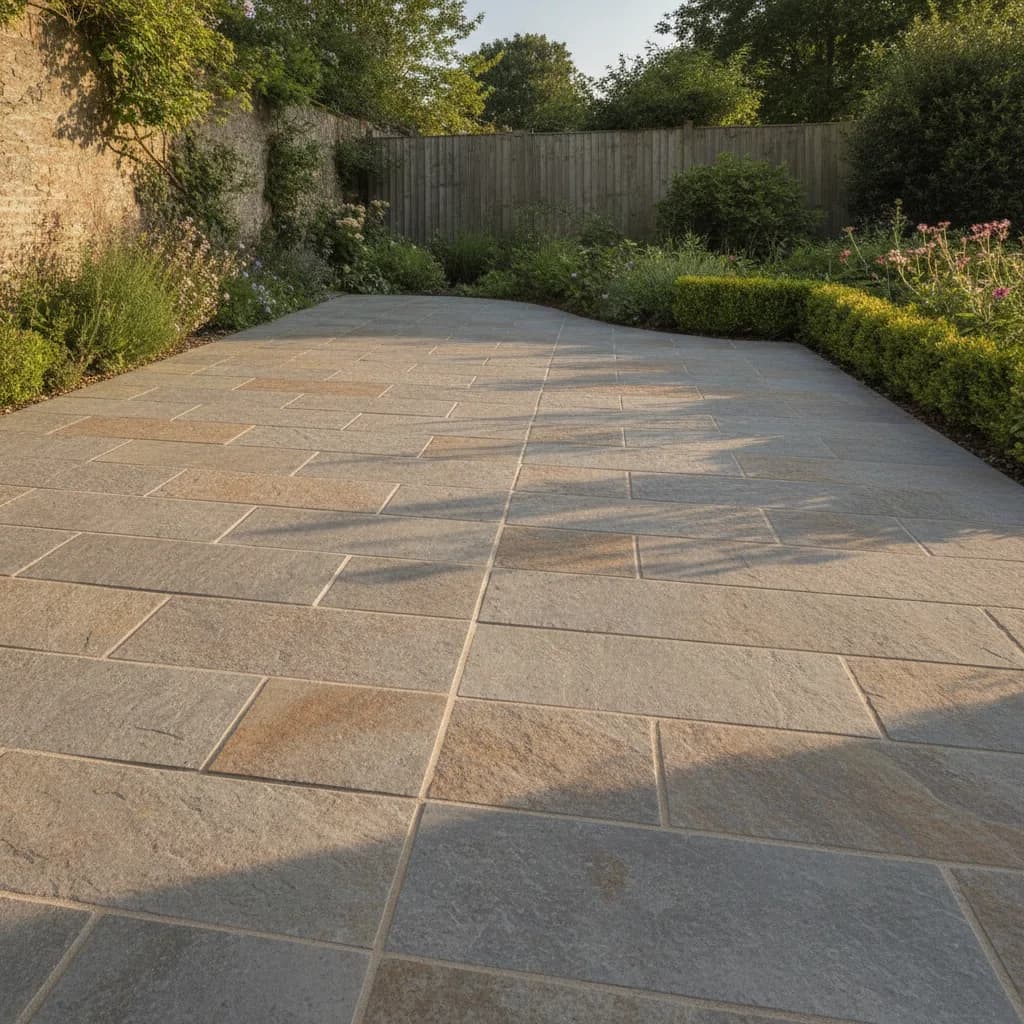 Large format natural stone porcelain patio slabs laid in a Sussex residential garden, Banks and Co Ceramics